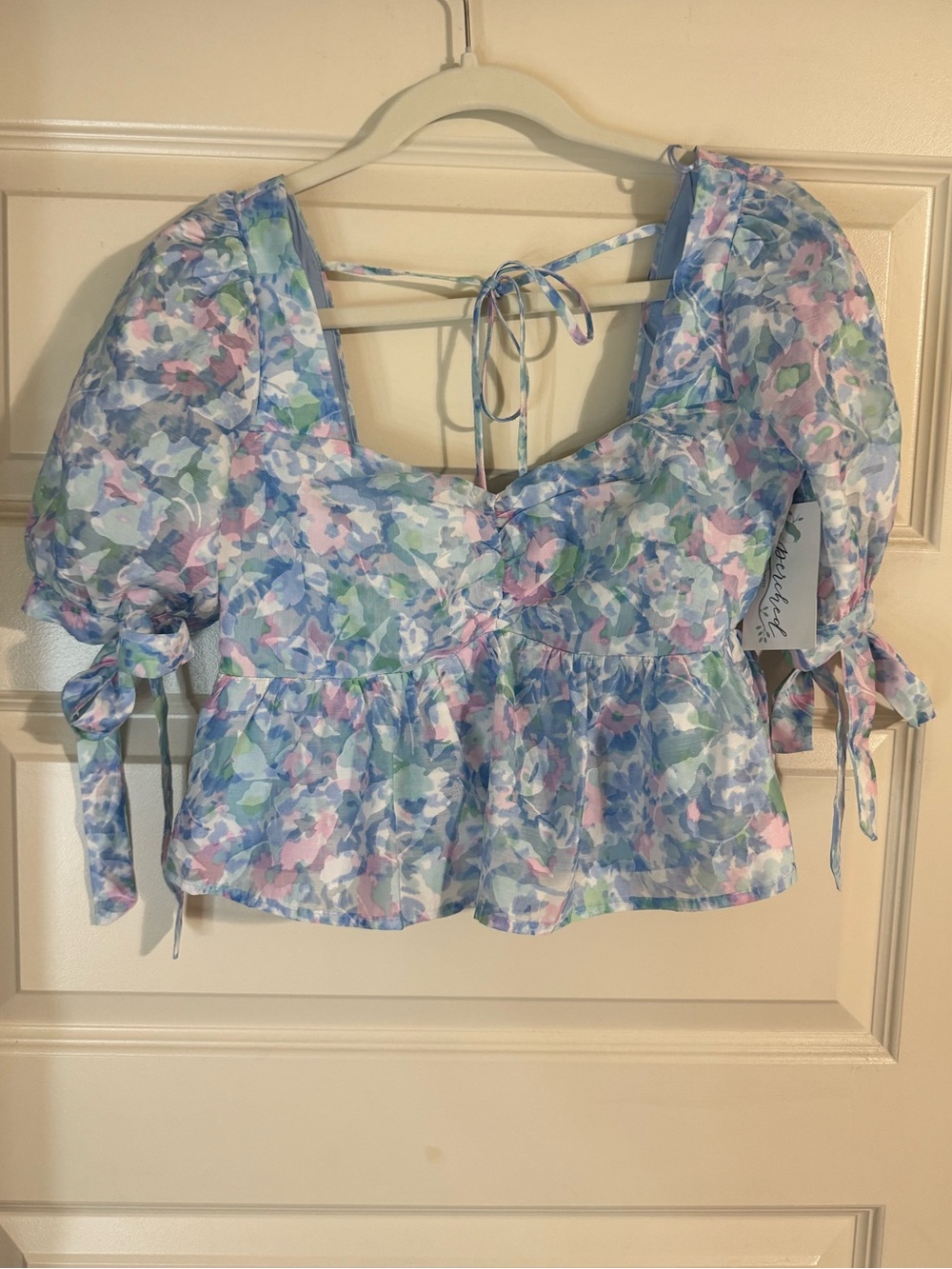 Floral Puff-Sleeve Peplum Crop Top - Blue/Pastel